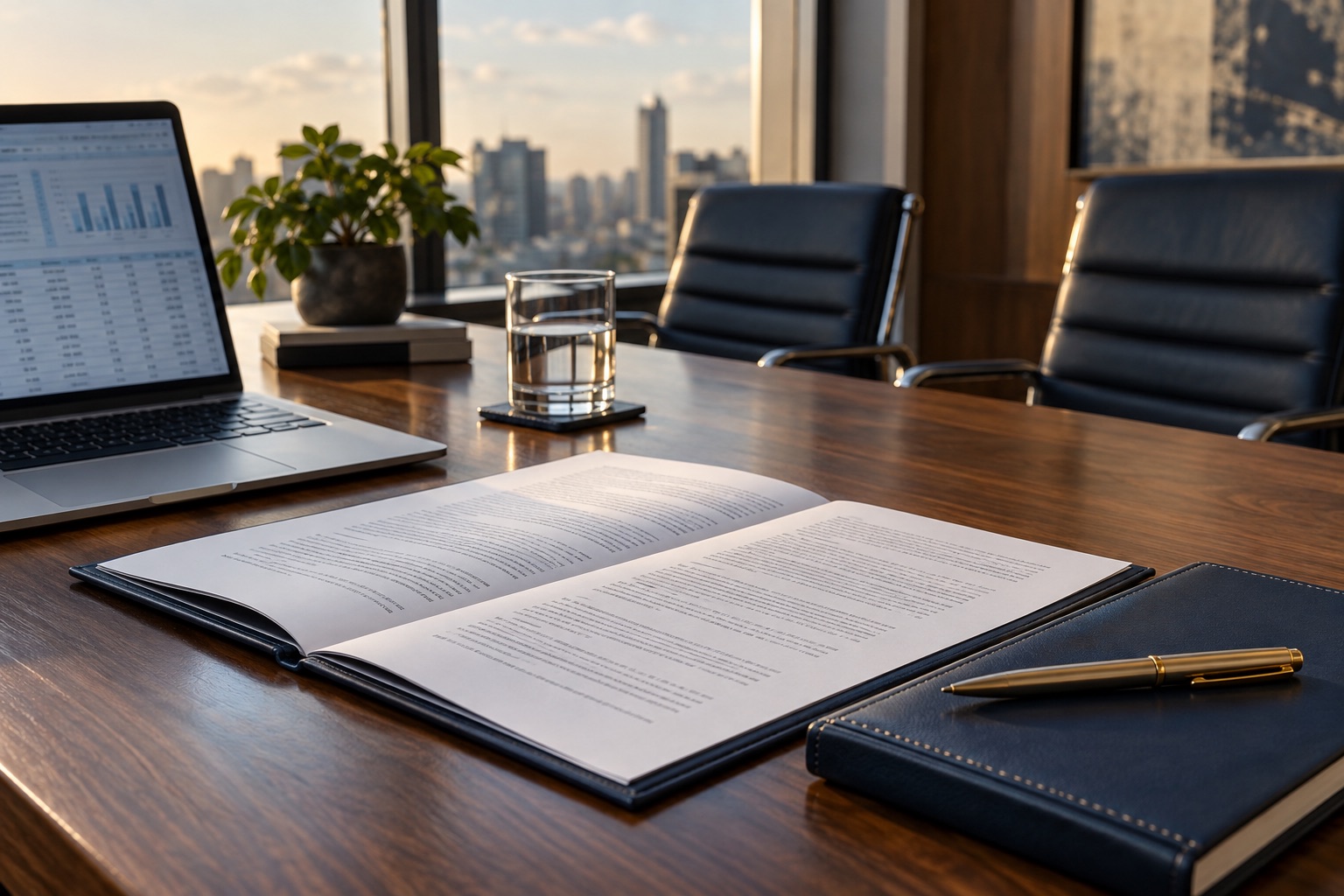 Contrato e documentos financeiros sobre uma mesa de reunião — imagem ilustrativa